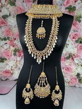 Pakistani Indian Bridal Heavy Choker & Mala Set In Gold Kundan with Yellow Beads