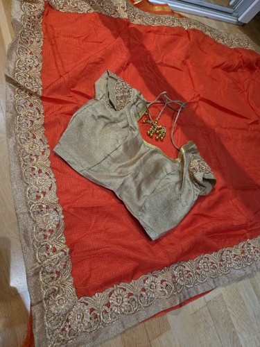 Orange cotton saree - orange, with