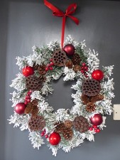 Handmade 50cm Christmas door wreath, frosty pine, cones, baubles, seed heads