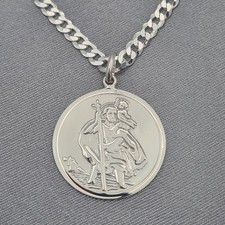 Sterling Silver Large St. Christopher Pendant on a 4mm flat curb chain