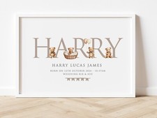 Personalised Baby Gift Nursery Print  Wall Art Neutral Beige Teddy Bear Name A4