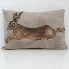 Leaping Hare Cushion Cover Vintage Linen Look Fabric Small Bolster 12 x 18 in