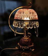 Antique 1950s French Desk Lamp with Brass Base and Pink Crystal Shade