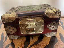 1930s Chinese Carved Wood Jewelry Box Jade Ornate Brass Trimmed Antique