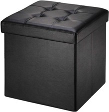 Folding Storage Ottoman with Lid For Auction Faux Leather Black 38x38x38cm