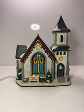 Christmas Lighted Church Village Building – Stained Glass Window, Bell Tower ⛪✨