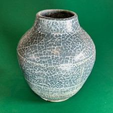 Large Studio Pottery Vase Signed S.S. – Blue Grey Crackle Glaze – 18cm Handmade