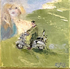 Mod Dreaming on Scooter on edge of cliff by the Sea signed oil on canvas