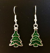 Silver and Green coloured dangle earrings, Enamel Christmas Trees, Festive, Xmas