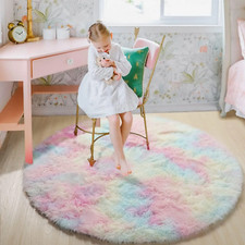 Fluffy Round Area Rug for Kids Room – Soft Plush Shag Carpet, Princess Castle De