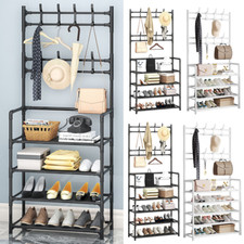 4/5 TIERS SHOE AND HAT STORAGE STAND COAT RACK UMBRELLA SHELVES 8 HANGERS HOOKS