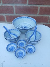 Vintage 11 PC Of Chinese Rice Eye Pattern Soup/Rice Bowls With Spoon