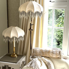 2 Victorian Traditional Deco Cream Gold Silk Mix Silver Bead Lampshade 14IN 36Cm