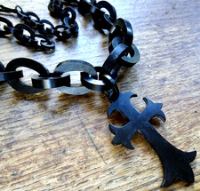 antique Victorian black vulcanite chain cross pendant mourning necklace -197