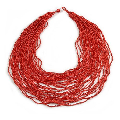 Chunky red glass bead bib - red,