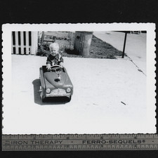 1950s BMC Blue Streak PEDAL CAR; w Wannabe Fire Chief: Vintage Photo SNAPSHOT