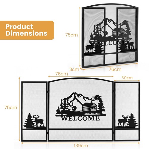 Iron panel fireplace screen - 3-panel,