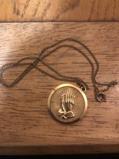 Vintage praying hands pendant and chain Serenity Prayer Gold Tone 