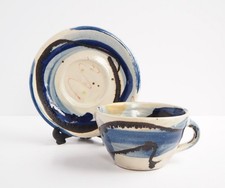 SANDY BROWN Studio Pottery: Stoneware Cup & Saucer with Brushed & Trailed Slips