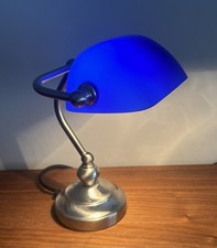 Vintage Chrome Bankers Lamp Table Lamp Base 23cm Tall Retro Blue Glass Shade