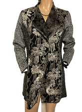 Nina Murati ~ Long Grey Black Crewel Embroidered Cardigan Jacket ~ Size S 12 14