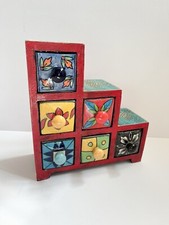 6 draw step Wooden Chest with Patterned Ceramic Drawers.  For spices/jewellery 
