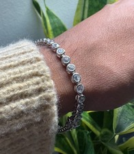 925 Sterling Silver 3mm Bezel Set Moissanite Tennis Bracelet Rhodium Plated 7.5"