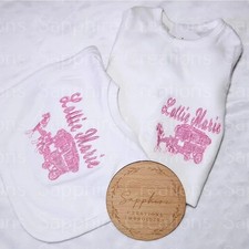 Baby Girls White Sleepsuit Bib Personalised Embroidered Romany Gypsy Wagon Pink