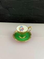 Crown Staffordshire Vintage Floral Pattern 15417 Green Coffee Cup and Saucer Set