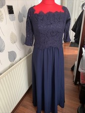 Ladies Navy Blue Lace And Chiffon Lined Dress Size 14 By Debut With Back Zip