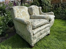 Two Antique Green Floral Armchairs - Need Recovering Howard Style Pair