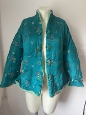Vintage Japanese Kimono Jacket Faux Door Lining Size M Turquoise Satin Sk36