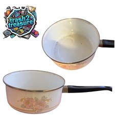 Vintage Enamel Saucepan Pink Floral Cream Retro Handle Pan Farmhouse