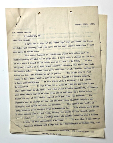1914 blast coal furnace letter - coal,
