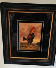 19thC Original Oil Painting of Oversized Cockerel with Pastoral background scene