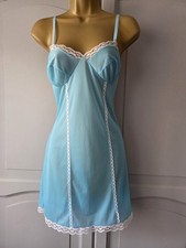 LADIES VTG BLUE SILKY SHEER NYLON FULL SLIP SIZE 12