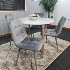 Round White Dining Table Set with 4 Grey Velvet Chairs – 4 Seater Kitchen