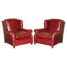 FINE PAIR OF ANTIQUE ART DECO 1920'S BORDEAUX LEATHER DEEP WING CLUB ARMCHAIRS