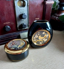 The Art of Chokin Trinket Pot & Vase Black Porcelain 24K Gold Edge Made in Japan