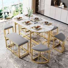 Dining Table and Chairs Set with 6 Stools Space Saving Furniture for 6-8 Persons
