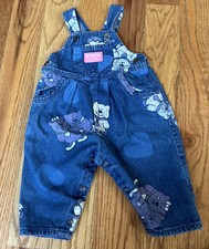 Vintage Oshkosh Bgosh Teddy Bear Print Baby Overalls Denim Jean Size 3-6 Months