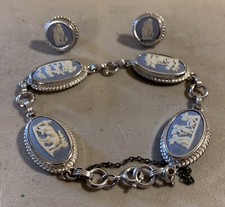 Vintage Wedgwood England Cameo Blue White Sterling Silver Earrings Bracelet Set