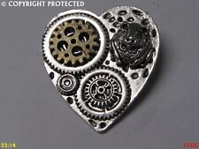 NEW Steampunk pin badge brooch silver heart hamster guineapig gearwheels cogs