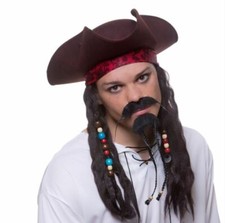 New Deluxe Jack Sparrow Tricorn Pirate Hat attached Wig Men's Adult Fancy Dress