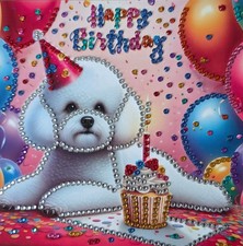 Handmade Diamond Art Birthday Card Size 6" by 6" with Bichon Frise Puppy