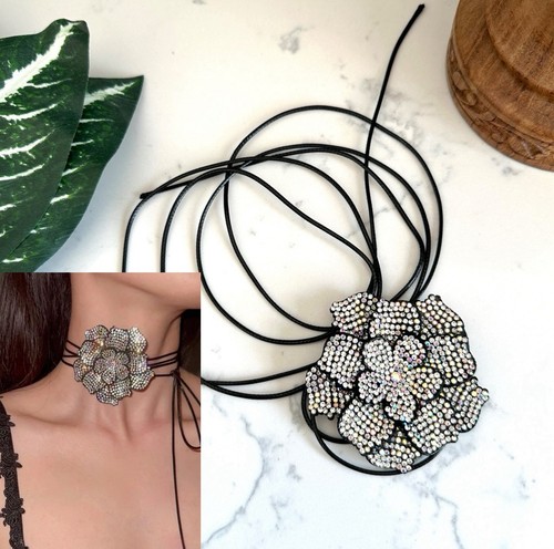 Black rhinestone flower - rhinestone, tie