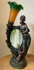 Art Nouveau Style Bronze Tulip Lamp Mirror Woman Child Table Crosa Vintage 1995