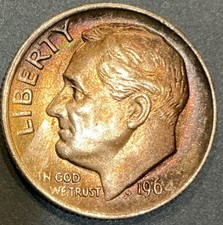 1964 P Roosevelt Dime BU - 90% Silver - Golden Toning - Beautiful Toning