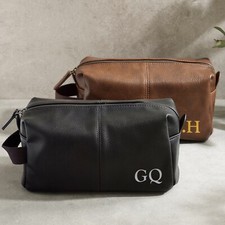 Personalised Mens Leather Wash Bag, Travel Toiletry Bag Black/Brown