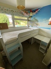 Blue & White Wooden Kids Mid Sleeper Sleep Station Desk Cabin Storage Bed Frame.